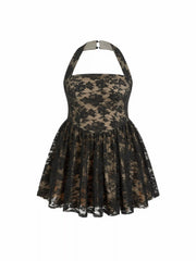 Floral Lace Halter Neckline Ruffled Flared Mini Dress Curve & Plus