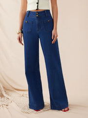 Stretch Denim High Rise Metal Button Wide Leg Jeans