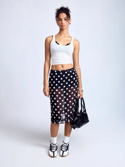 Chiffon Polka Dot Sheer Lettuce Trim Mid Rise A-line Midi Skirt