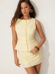Linen-blend Sleeveless Curved Hem knotted Top & A-line Mini Skirt Set