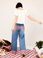 Washed Denim Gingham Wide Leg Oversized Cropped Jeans