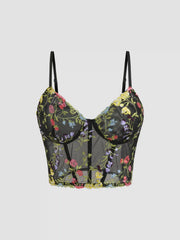 Mesh V-neck Floral Embroidery Crop Cami Top