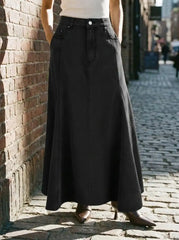 Washed Denim Metal Detail High Rise A-line Maxi Skirt