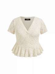 Lace V-neck Short Sleeve Button Front Ruffle Hem Blouse Curve & Plus