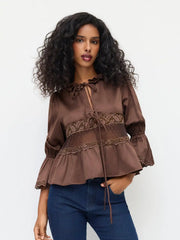 Round Neckline Lace Lettuce Trim Tie Front Blouse