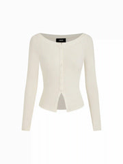 Boat Neck Button Long Sleeve Top