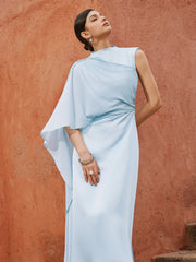 Satin Stand Collar Asymmetrical Draped Mermaid Maxi Dress
