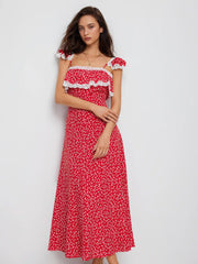 Floral Square Neck Lace Trim Ruffle Babydoll Oversized Maxi Dress