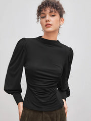 High Neck Solid Ruched Long Sleeve Top