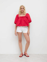 Cotton-blend Shirred Knotted Puff Sleeve Oversized Blouse