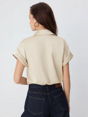 Satin Collar Short Sleeve Metal Detail Blouse Bodysuit