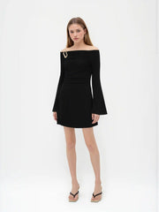 Off-Shoulder Bell Sleeve Hook Ruched Mini Dress