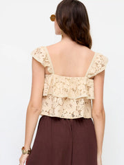 Cotton-blend Lace Square Neck Ruffled Crop Tank Blouse