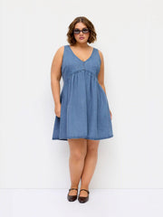 Denim V-neck Tie Back A-line Mini Dress Curve & Plus
