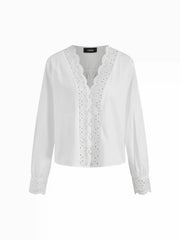 Cotton-blend V-neck Long Sleeve Floral Broderie Anglaise Blouse