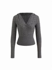 Cable Knit V-neck Solid Hooded Long Sleeve Top