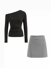 Asymmetrical Neck Ruched Long Sleeve Top & Mid Rise Gingham A-line Mini Skirt Set