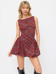 Wool-look Boat Neck Tartan Plaid Bubble Hem Mini Dress