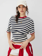Stripe Color-Blocked Oversized Short Sleeve Top