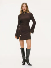 Stand Collar Bell Sleeve Metal Button Split Ruched Mini Dress