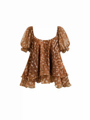 Chiffon U-neckline Deer Print Tie Back Ruffle Puff Sleeve Blouse