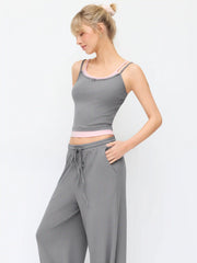 Scoop Neck Two Tone Layered Look Crop Cami Top & Low Rise Straight Drawstring Leg Trousers Set