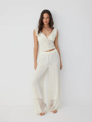 Lace Trim V-neck Top & High Rise Wide Leg Trousers Loungewear Set