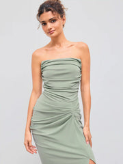 Solid Ruched Asymmetrical Tube Midi Dress