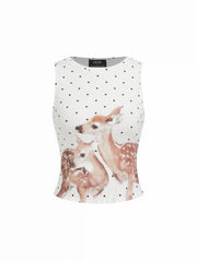 Cotton-blend Deer Graphic Polka Dot Crop Top