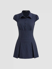 Collar Stripes Pleated Shirt Mini Dress