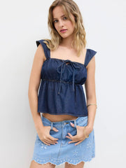 Denim Square Neck Bowknot Shirred Crop Tank Top