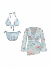 Halter Floral Tie Side Bikini with Cover Up Set Curve & Plus