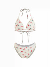 V-neck Check Cherry Graphic Contrasting Binding Halter Cheeky Bikini Swimsuit