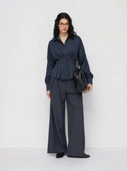 Satin Collar Ruffled Cinched Waist Lantern Sleeve Shirt