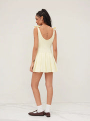 Cotton-blend Bowknot Pleated Backless Mini Dress