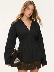 Wool-look V-neck Cinched Waist Jacket