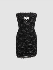 Lace Ruched Rhinestone Heart Cut Out Tube Mini Dress
