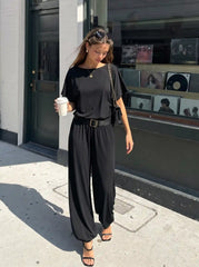 Cotton-blend Boat Neck Short Sleeve Mid Rise Jogger Jumpsuit