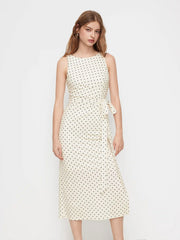 Polka Dot Boat Neck Tie Side Split Maxi Dress