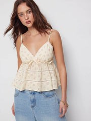 Cotton Floral Sweetheart Lace Panel Shirred Peplum Cami Top