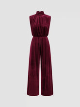 Velvet High Neck Ruched Zipper Wide Leg Jumpsuit
