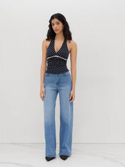 V-neck Halter Polka Dot Bowknot Ruched Tank Top