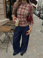 Plaid Stand Collar Asymmetrical Mid-length Sleeve Blouse