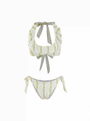 Halter Neckline Lemon Stripe Graphic Ruffle Halter Low Rise Bikini Set