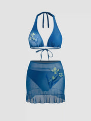 V-neck Floral Halter Cheeky Bikini Swimsuit With Floral Cover Up Skirt