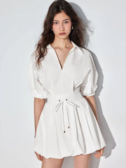 Cotton-blend Puff Sleeve Drawstring Bubble Hem Shirt Mini Dress