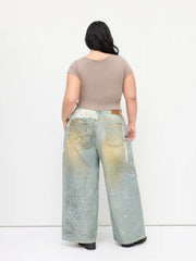 Denim Low Rise Lace Graphic Ripped Wide Leg Jeans Curve & Plus