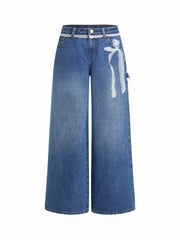 Washed Denim Low Rise Lace Bowknot Wide Leg Trousers