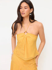 Chiffon Halter Neckline Flower Applique O-Ring Ruched Blouse