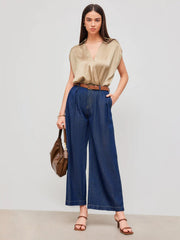 Satin V-neck Solid Ruched Sleeveless Shirt Bodysuit
